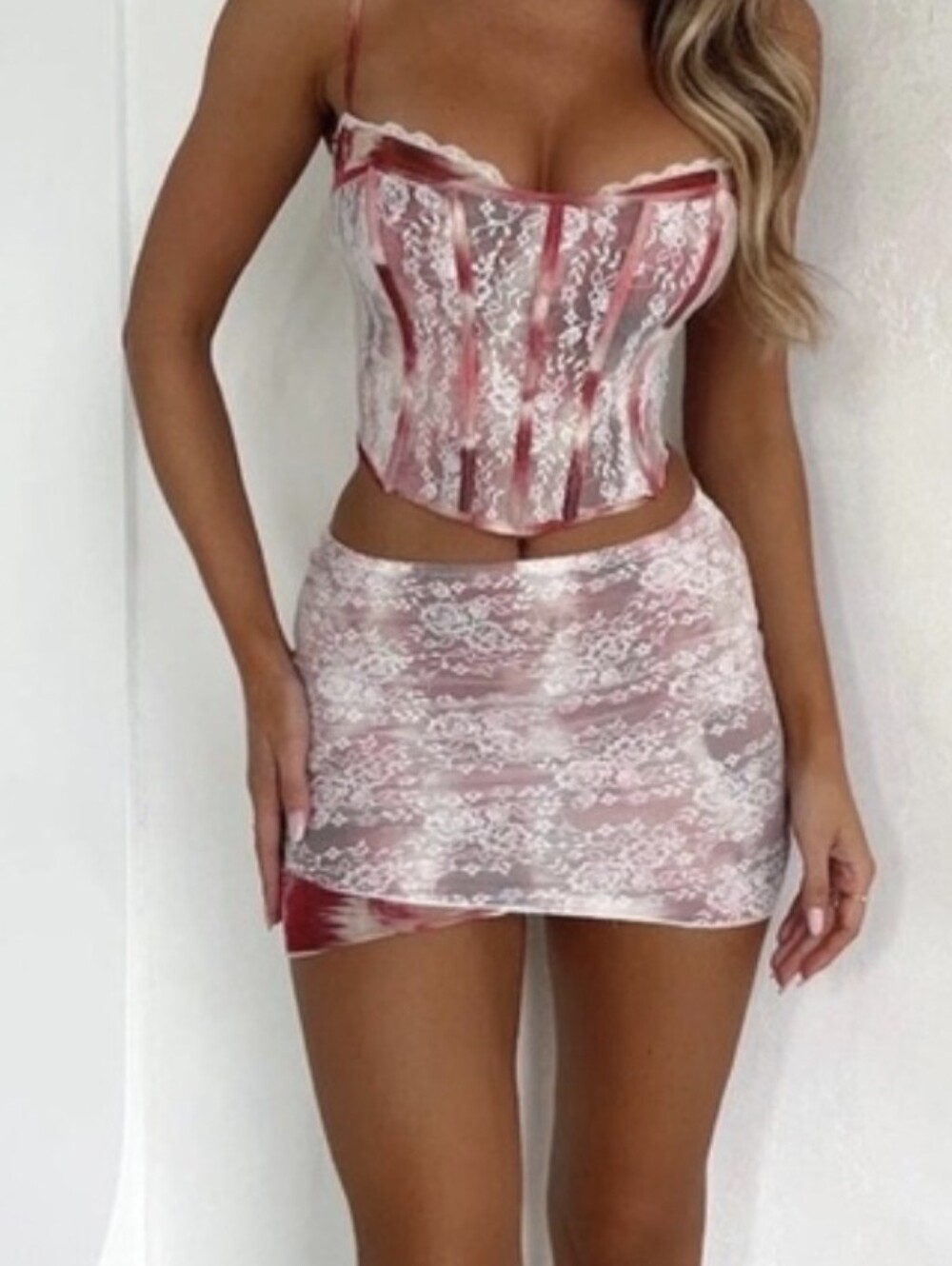 OUTCAST Lace-Detail Mini Skirt,Bra, & Corset in Dusty Rose - Picture 3 of 7